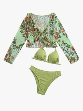 Light Green Floral Mesh Cover-Up with Matching Olive Bikini Set
